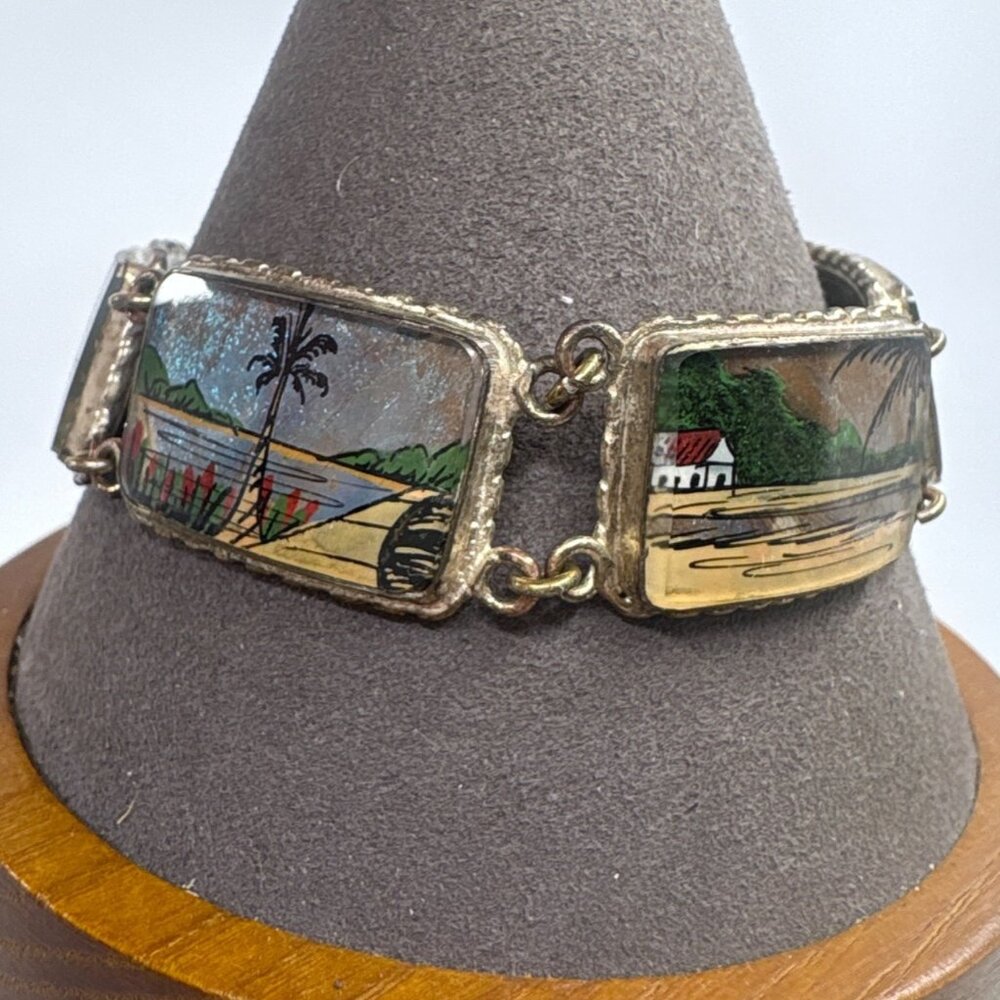 VTG 900 Silver Blue Morpho Butterfly Wings Hand Painted Tropical Scene Bracelet